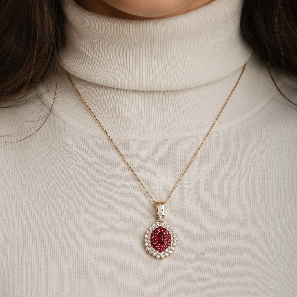Ruby Cluster Double-Halo Pendant — Ministry of Gems