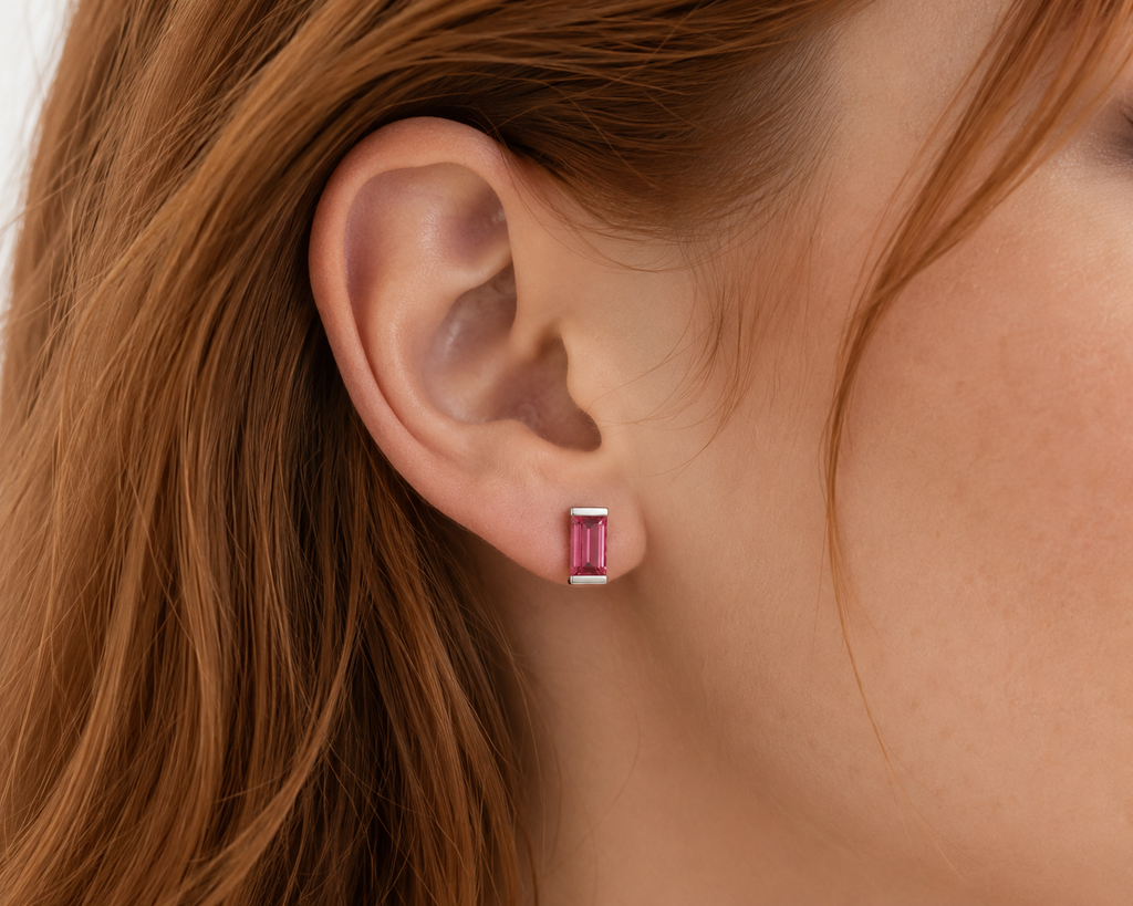 Pink Tourmaline Baguette Bar Studs — Ministry of Gems