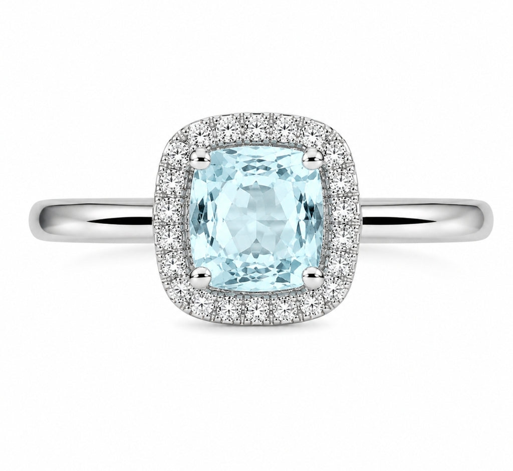 Aquamarine Cushion Halo Ring — Ministry of Gems