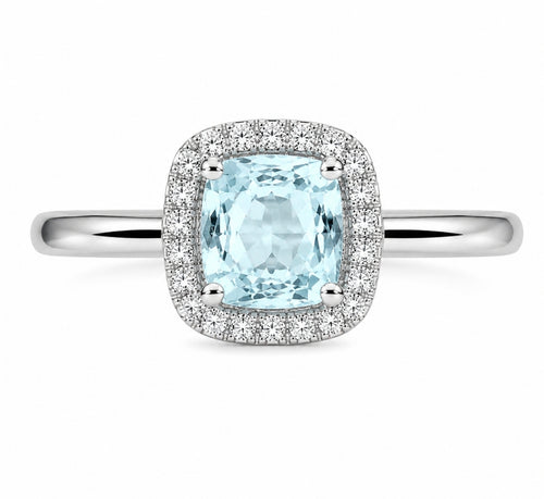 Aquamarine Cushion Halo Ring — Ministry of Gems