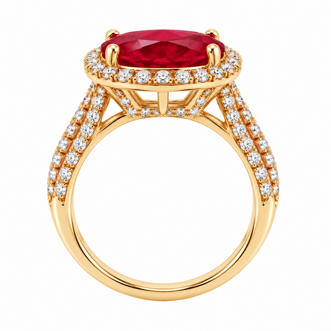 Oval Ruby Diamond Halo Split-Shank Ring