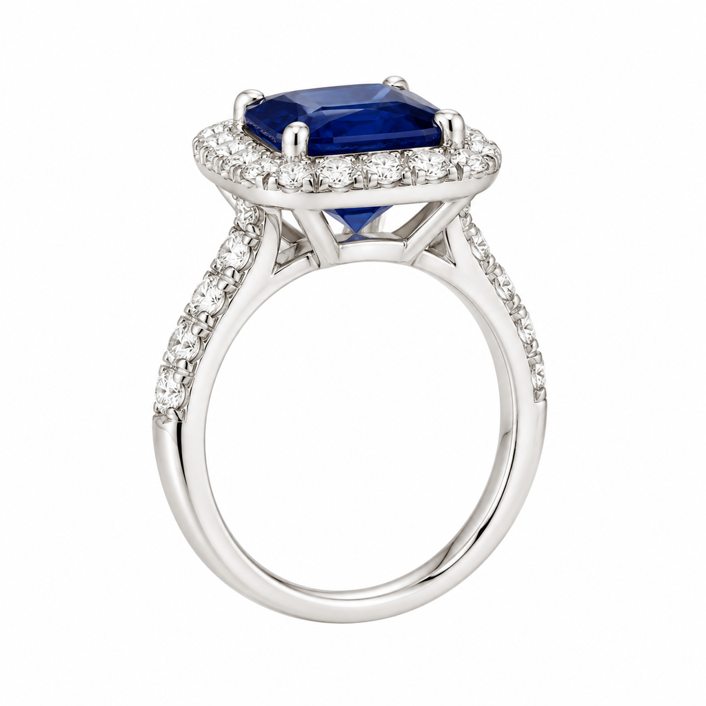 Cushion Blue Sapphire Diamond Halo Ring