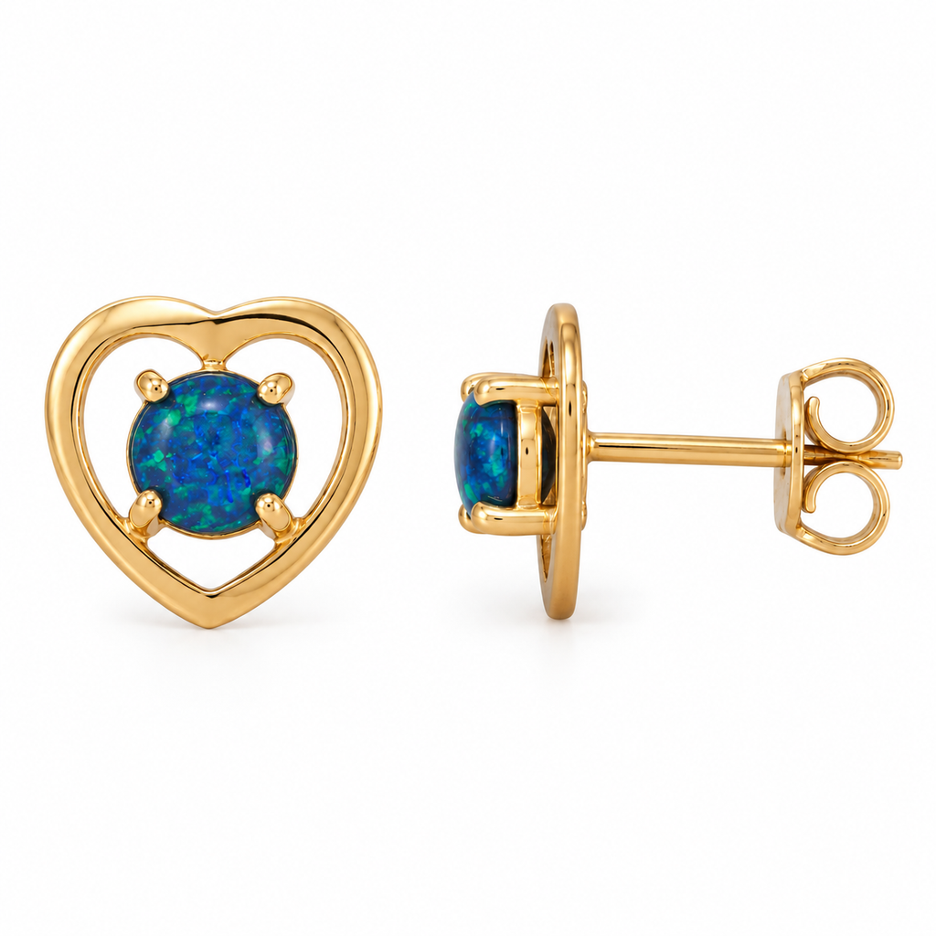 Round Australian Opal Open Heart Studs — 14K Gold