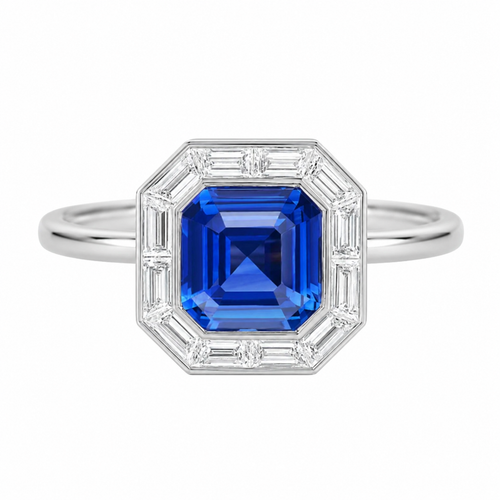 Asscher-Cut Royal Blue Sapphire Diamond Halo Ring — Ministry of Gems exclusive design