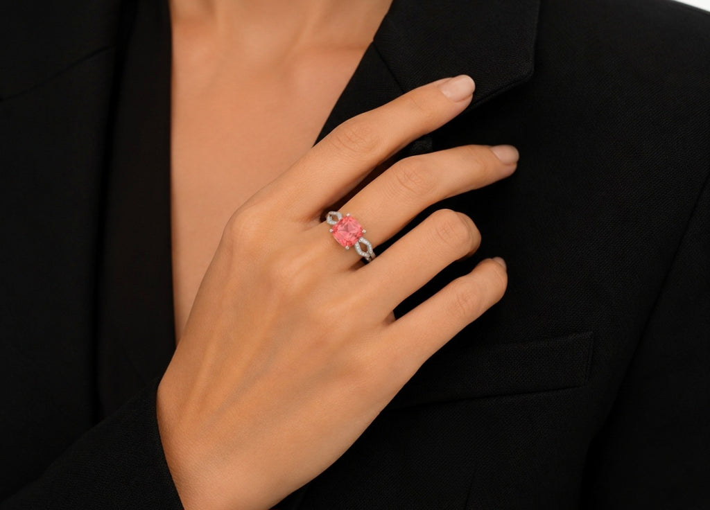 Padparadscha-Tone Cushion Split Ring — Ministry of Gems