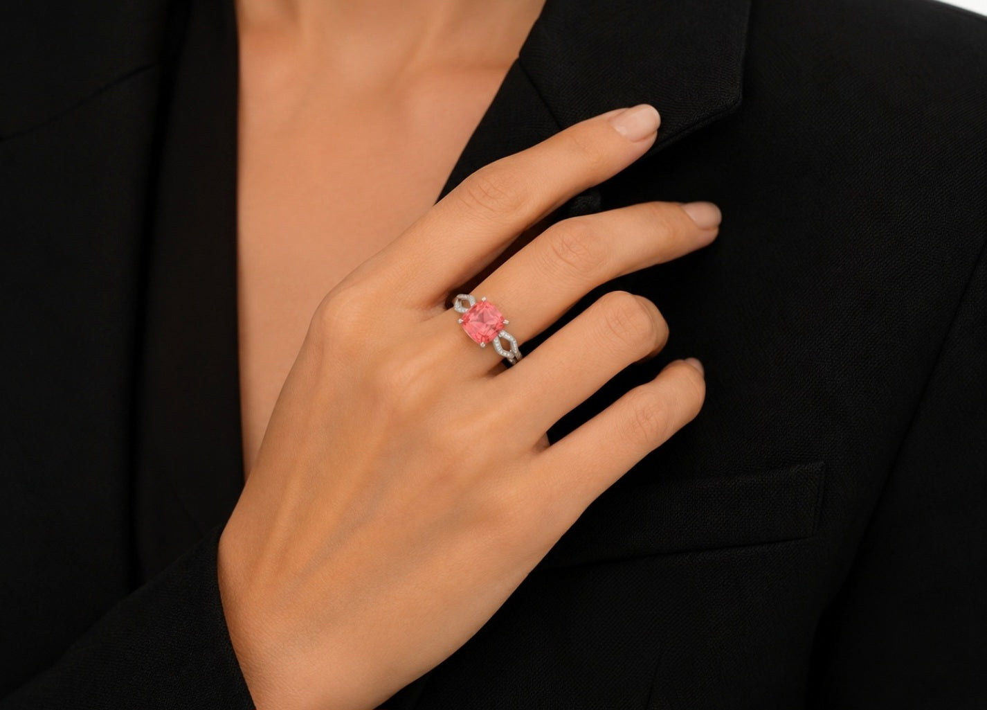 Padparadscha-Tone Cushion Split Ring — Ministry of Gems